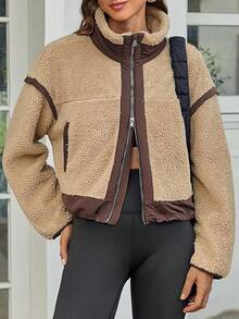 Women's Color Block Teddy Jacket Cropped Zip Up Fuzzy Sherpa Stand Collar - Màu Khaki - Xem 2