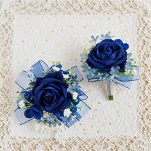 Wrist Corsage And Boutonniere Set, Artificial Royal Blue Rose Prom Flowers, Bridal Wrist Corsage For Wedding, Groom Boutonniere For Prom Party Homecoming - Màu xanh lam - Xem 1