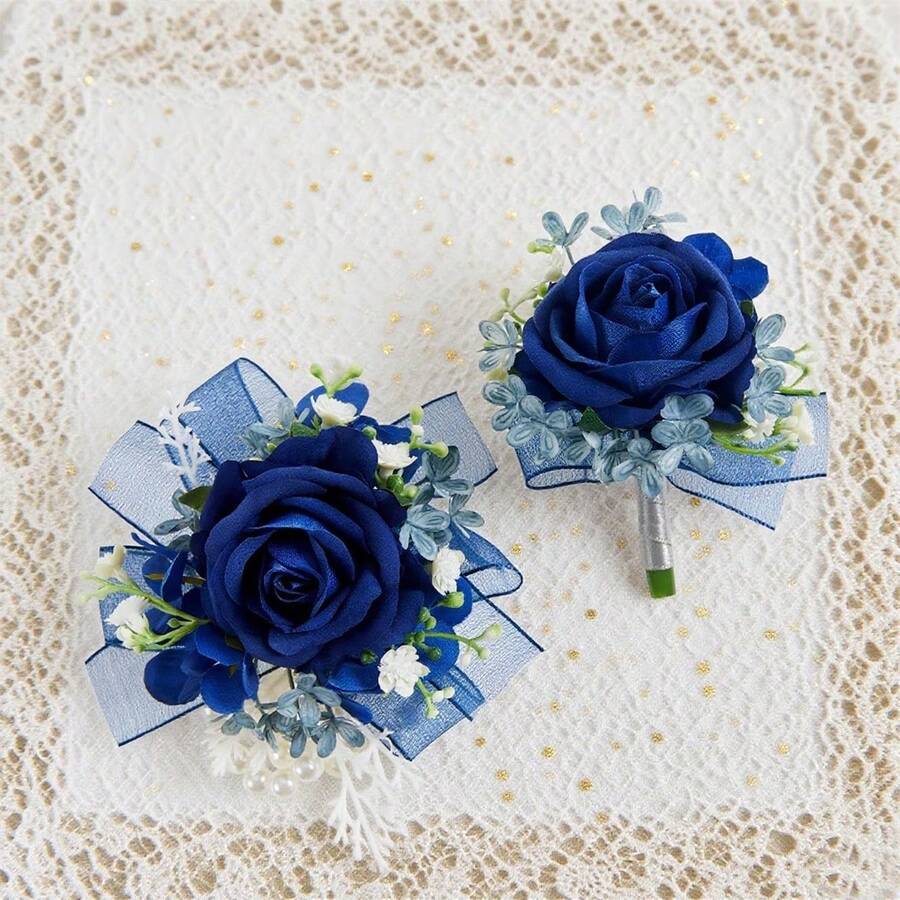 Wrist Corsage And Boutonniere Set, Artificial Royal Blue Rose Prom Flowers, Bridal Wrist Corsage For Wedding, Groom Boutonniere For Prom Party Homecoming - Màu xanh lam - Xem 1