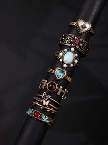 7pcs/Set Vintage Elegant Luxury Versatile Distressed Antique Gold Heart, Floral, Shaped Ring Set, Suitable For Daily Wear, Festivals, Parties