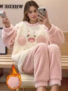 Cartoon Embroidered Fleece Loungewear Set For Women - Ultra-Soft Plush Pajamas, Long Sleeve & Pants, Cozy Winter Sleepwear - 粉紅色+白色 - 查看 8