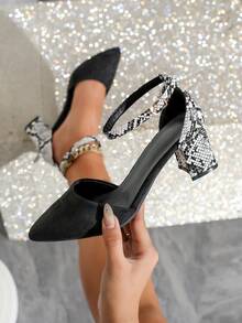 银色新款夏季户外复古交叉绑带尖头粗跟女鞋独特设计优雅女士百搭高跟鞋 - 黑色 - 查看 4