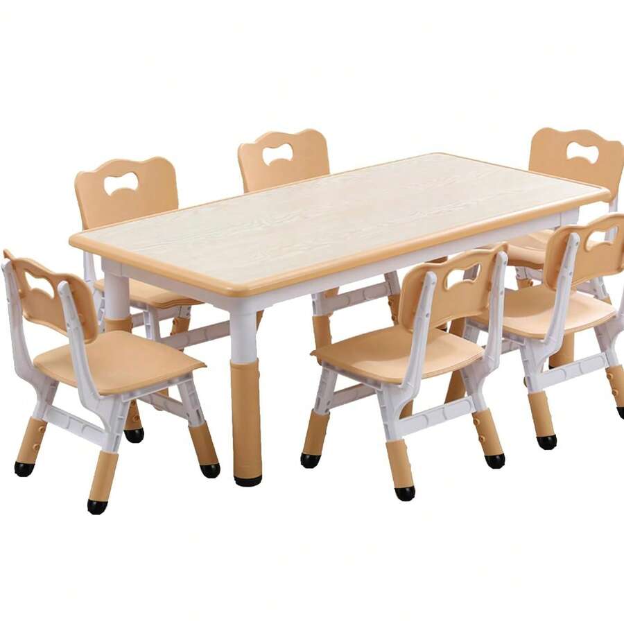 Conjunto moderno de mesa y 6 sillas para niños, mesa regulable en altura de 47,2 pulgadas para niños pequeños con juego de 6 sillas, patas antideslizantes y escritorio con grafiti organizador, mesa de arte y manualidades para actividades preescolares - Marrón - Ver 1