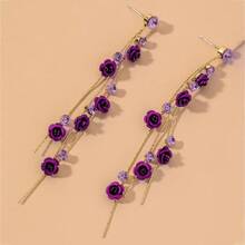 Purple Diamond Rose Earrings,  Fringed Earrings, Long Styles, Elegant And Fashionable Earrings For Women - 紫色 - 查看 4