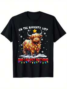 Funny Christmas Highland Cow T-Shirt With Naughty List & Forget Nothing Saying - Scottish Cow & Scottish Decorations Graphic Tee - Soft Stretchy 100% Cotton Shirt For Men & Women (S-XXXL) - Black With Red Lettering - Perfect Christmas Party Outfit Or Year-Round Casual Wear - Funny Scottish Saying Gift Apparel - Loose Fit Short Sleeve Crew Neck Top With Festive Highland Cow Design - 黑色 - 查看 1