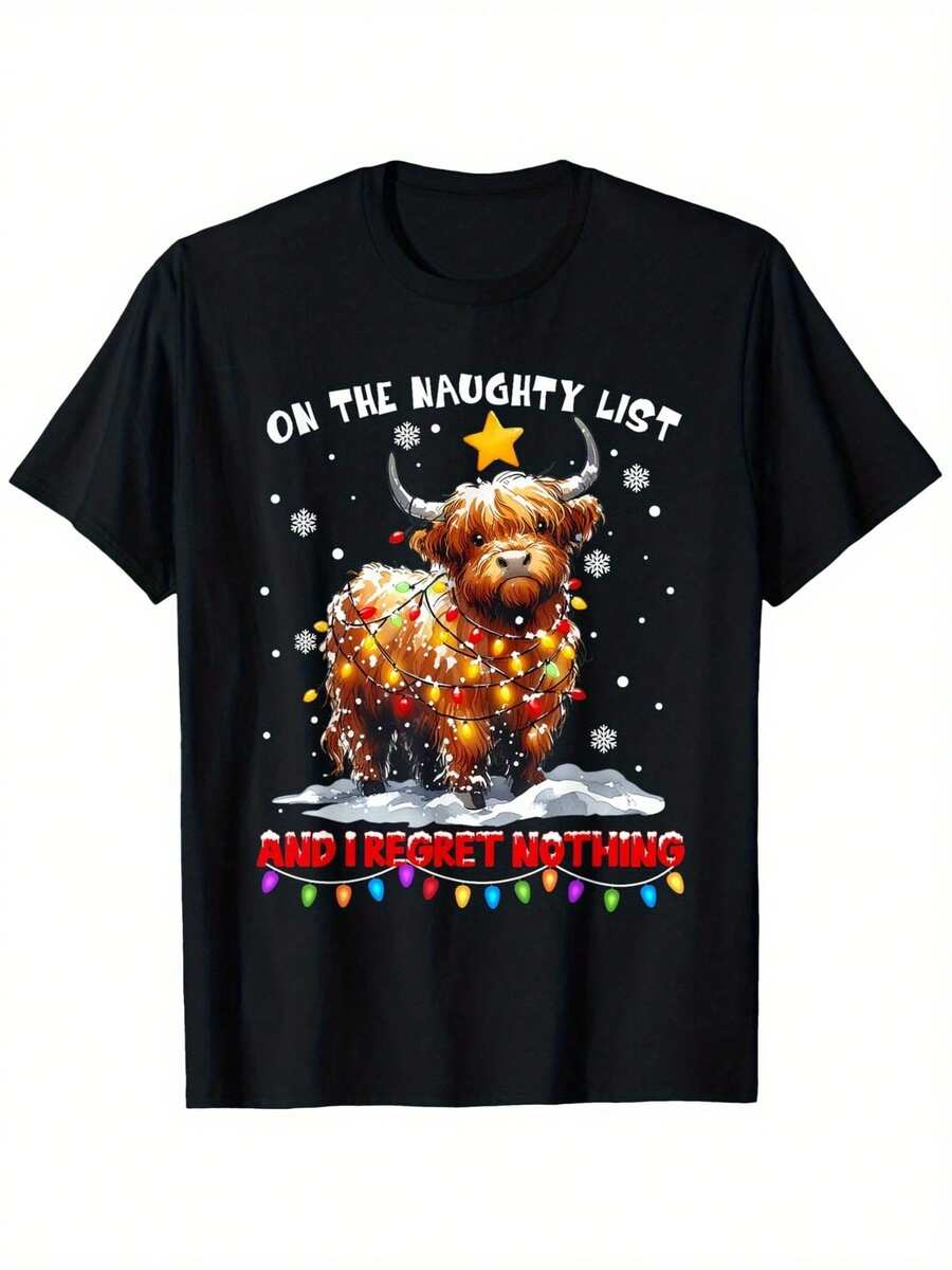Funny Christmas Highland Cow T-Shirt With Naughty List & Forget Nothing Saying - Scottish Cow & Scottish Decorations Graphic Tee - Soft Stretchy 100% Cotton Shirt For Men & Women (S-XXXL) - Black With Red Lettering - Perfect Christmas Party Outfit Or Year-Round Casual Wear - Funny Scottish Saying Gift Apparel - Loose Fit Short Sleeve Crew Neck Top With Festive Highland Cow Design - 黑色 - 查看 1