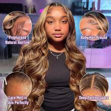 MECRY Frontal Wigs Frontal Wigs Human Hair 200 Density Highlight Body Wave Wig Human Hair 13x4 HD Lace Front Human Hair Wigs For Women Honey Blonde Transparent Lace Frontal Wig Bob Wigs Blended Hair - S4/27 - View 5