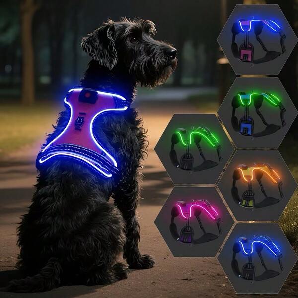 LED beleuchteter, bequemer und verstellbarer Hundegeschirr - Kein Ziehen LED Hundegeschirr - Aufladbarer LED Hundeweste - Beleuchtetes, leuchtend Hunde Geh- und Camping-Geschirr geeignet für kleine, mittlere und große Hunde