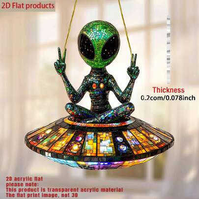 1PC, 2D Flat, Bohemian Style Alien UFO Acrylic Sun Catcher - 15.24cm X 15.24cm Multifunctional Window Hanging Decoration, Colorful Inlaid Glass Effect, Unique Home And Garden Gift, Four Seasons Space Room Decoration, Halloween Christmas Ornament