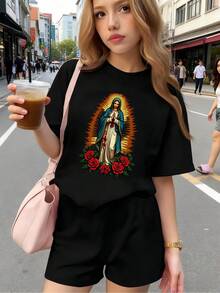 Ropa para niño,Camiseta de Niña con Estampado de Nuestra Señora de Guadalupe y Rosas, Transpirable, Suave y Cómoda Fabricada en Puro Algodón, Regalo Ideal para la Fiesta de Nuestra Señora de Guadalupe y Navidad, Incluida en las Camisetas Navideñas y Ropa de Niña, Adecuada para Niños, Adolescentes, con Opciones de Camisas de Hombre y Tops para Adolescentes, Perfecta como Regalos Navideños y Ropa de Niña de Alta Calidad - Negro 4 - Ver 1