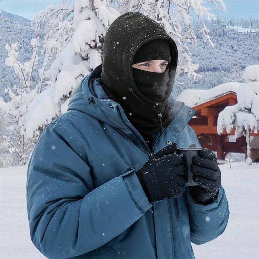 Pasamontañas cálido de invierno para exteriores para adultos, 3 en 1, grueso, ajustable, con cordón, protección para las orejas, cubrebocas y calentador de cuello. - Negro - Ver 1