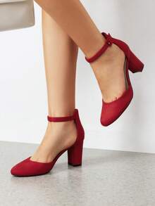 Women's Ankle Strap Closed Toe Chunky Heel Pumps Low Block Round Toe Solid Color Heels Elegant Bridal Wedding Dress Pumps Shoes - 紅色 - 查看 3