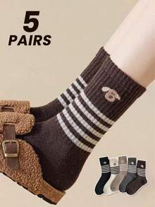 5 Pairs Women's Cute Puppy Jacquard Warm Striped Mid-Calf Socks, Breathable For Autumn/Winter