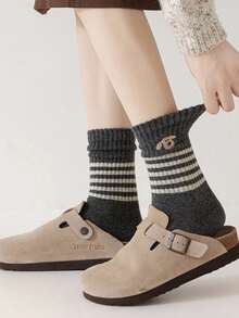 5 Pairs Women's Cute Puppy Jacquard Warm Striped Mid-Calf Socks, Breathable For Autumn/Winter
