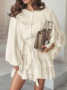 春秋季女装大码连衣裙，纯色荷叶边纽扣短裙，新年女装，情人节女装 - 黃色 - 查看 6