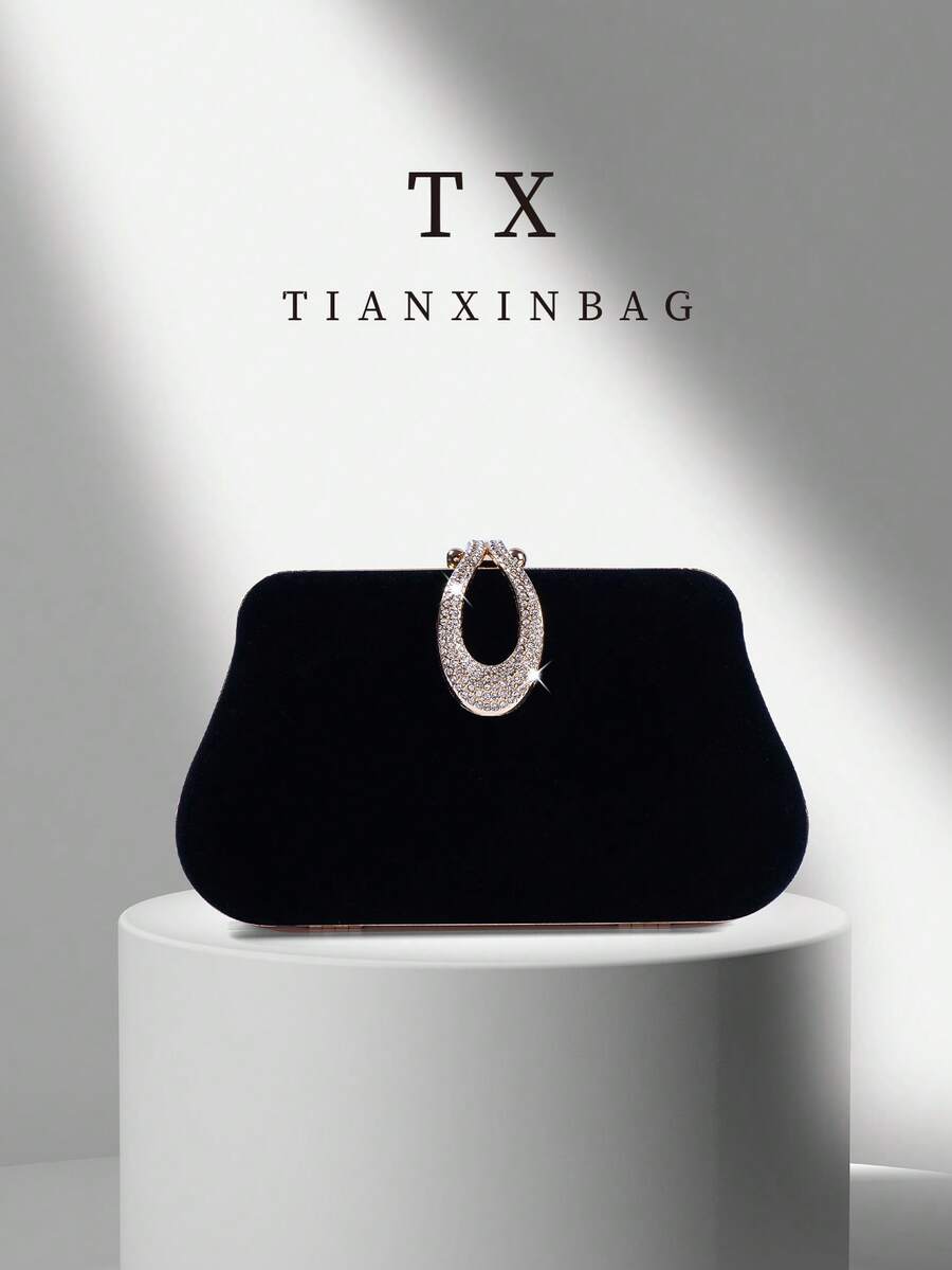 1pc Luxury Velvet Box-Shaped Party Handbag, Sequin Decor Evening Clutch Bag, Suitable For Banquet, Ball, Formal Attire Pairing, Formal Party Crossbody Bag, Tready Party Bag, Perfect For Party, Wedding, Prom, Gala/Banquet, Ideal Accessory For Women's Prom Dress, Prom Attire, Sequin Dress, Shiny Dress, Women's Elegant Dress. - Black - View 1