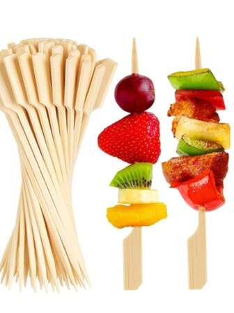 100根竹签，适用于烧烤架、食物串签、宽扁竹签、方形竹签、开胃菜签、牙签，也适用于派对三明治、水果、熟食拼盘及其他配件