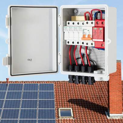PV Combiner Box, 4 String, Solar Combiner Box With 15A Rated Current Fuse 63A Circuit Breaker Lightning Arrester And Solar Connector, ABS Plastic Case For On / Off Grid Solar Panel System, IP65