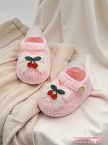 1 Pair Baby Girls' Cherry Mary Jane Ankle Boots, White Knit With Button Strap - Baby Pink - View 9