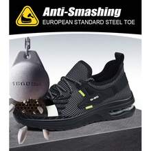 Sapatos de masculinos, botas de trabalho pretas de cano baixo com biqueira de aço leve, botas esportivas respiráveis para atividades ao ar livre, sola acolchoada em TPU, confortáveis para todas as estações, adequadas para caminhadas, trekking e proteção em canteiros de obras. - Preto - Ver 5
