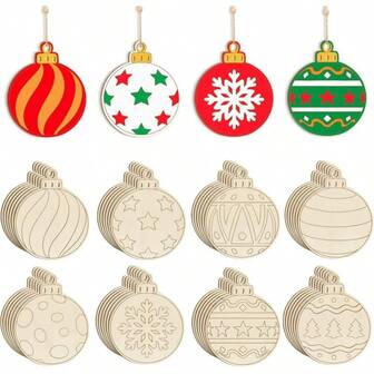 10个木制空白圣诞装饰品，8种款式DIY未加工木制圣诞球，圣诞镂空挂饰