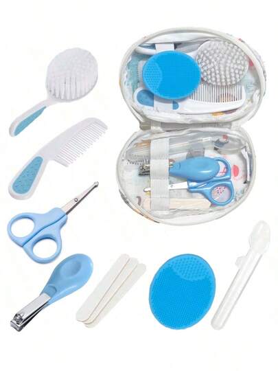 Set de 9 piezas de kit de cuidado e higiene para bebé - Peine, cepillo, cepillo de dientes de dedo, cortaúñas, limas, tijeras - Kit de cuidado de guardería (Azul y Rosa)