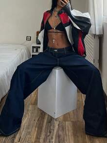 Jeans à jambe large style rétro américain pour femmes, bleu marine avec surpiqûres contrastées, pantalon casual ample style hip-hop et streetwear