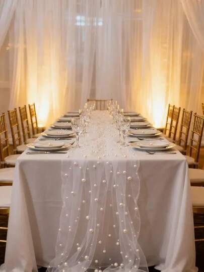 Net Tulle Mesh Lace Table Runner Wedding Accessories Luxury Beaded Pearl Bead Lace Fabrics For DIY Wedding Veils Dresses Half Skirt Dress Curtains Table Clothes Background