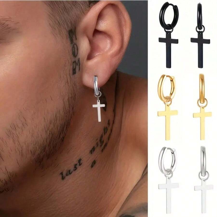 1 Pair Vintage Stainless Steel Cross Pendant Hoop Earrings, Suitable For Daily Wear - Earring - View 1