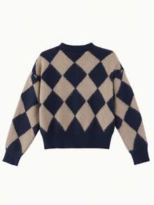 女士经典菱格纹针织套头衫，长袖罗纹针织上衣，中等弹力面料，常规长度，秋季保暖时尚 - 藏蓝色 - 查看 3