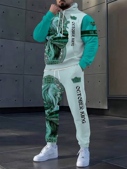 男士狮子图案时尚新颖睡衣家居服套装，连帽衫和运动裤套装，长袖卫衣和慢跑裤两件套