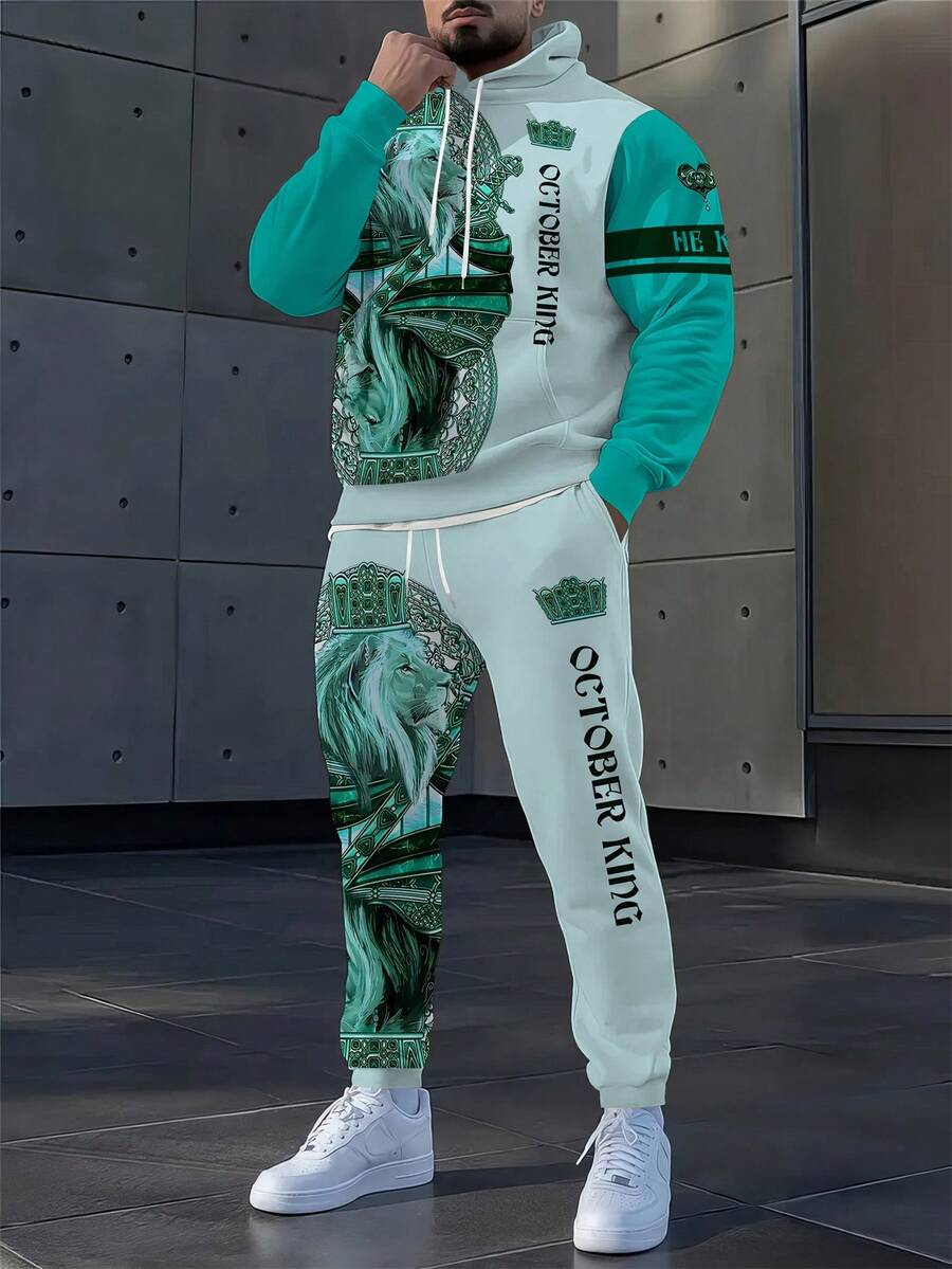 男士狮子图案时尚新颖睡衣家居服套装，连帽衫和运动裤套装，长袖卫衣和慢跑裤两件套 - 彩色 - 查看 1