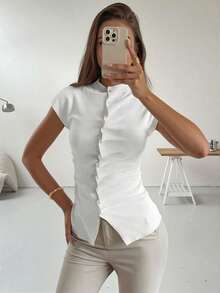 FOR BEAUTY Spring And Summer New White Round Neck Button Folding Placket Short Sleeved Knitted Cardigan Women's Slim Fit Daily Casual Commuting Thin Sweater White Tops