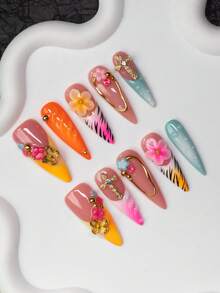 10pcs/Set Handmade Almond-Shaped Y2K Baddie Style Press-On Nails, Nude, Pink, Orange, Green, Orange Shades With French Tips, Zebra Print, Butterfly, Carved, Floral, Asymmetrical Liquid Metal Patterns, Cross Elements, Suitable For Women And Girls, Party, Dance, Daily Wear, Includes Tool Kit, Great Gift For Ladies Nail Supplies Handmade Press On Nails - Multicolor - View 2