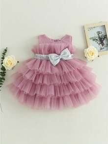 Kids Girls Ball Gown Sleeveless Bow Mesh Tulle Tutu Princess Dresses Formal Party Dress for Birthday Wedding - Rosa - Ver 1