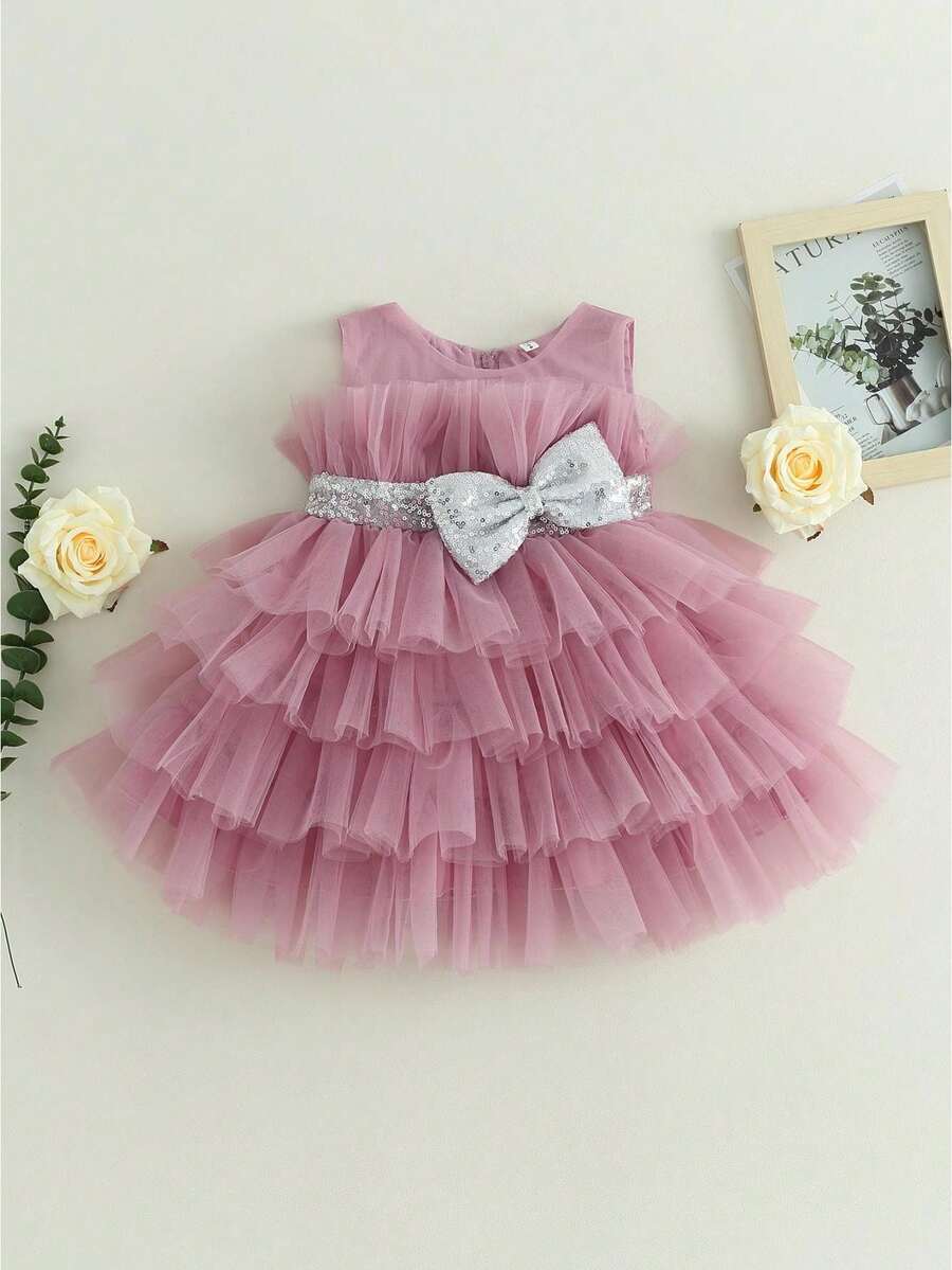 Kids Girls Ball Gown Sleeveless Bow Mesh Tulle Tutu Princess Dresses Formal Party Dress for Birthday Wedding - Rosa - Ver 1