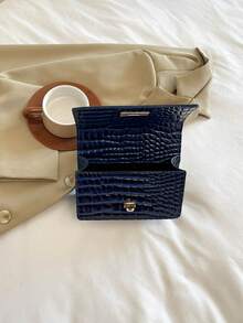 Solid Color Stone Texture Fashion Mini Chain Strap Patent Leather Shoulder Bag Made Of Faux Leather - Blue - View 5
