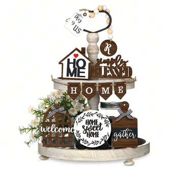 11件套农舍风格多层托盘装饰，乡村风木质标牌，温馨家园简约祝福木珠多层托盘装饰套装，适用于家居、厨房、餐桌架（农舍风格）