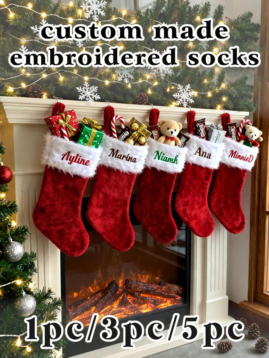 1/3/5pcs Personalized Christmas Stockings | Customized Text Christmas Stockings | Embroidered Christmas Stockings | Family Christmas Stockings | Office Party Gifts | Couples Christmas Gifts | Christmas Gifts For Him | Christmas Gifts For Her | Christmas Stockings For Group Events | Christmas Party Decorations | New Year Party Props