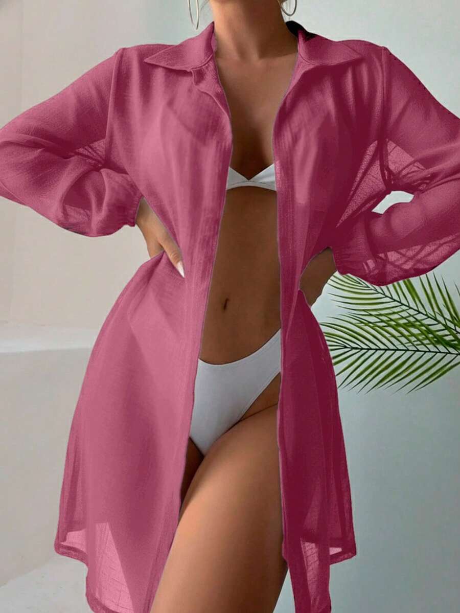 Beach Cover-Up Kimono With Oversize Cuffs Simple Chemise Shirt Beach Holidays - Dusty Pink - View 1