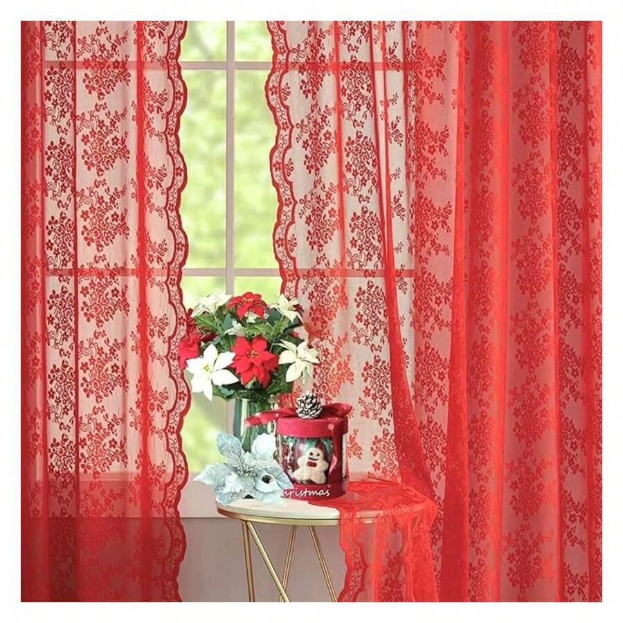 Christmas Sheer Curtains 90 Inches Long 2 Panels Vintage FloralLace Curtains For Living Room Rod Pocket Wedding Party Xmas Christmas Holiday Decor 52" W X 90" L - 多色620 - 查看 1