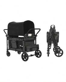Wagon Stroller For 4 Kids, Push Pull Quad Collapsible Stroller With Adjustable Handle, Safety Harness & Removable Canopy, 4-Seater Stroller Wagon For Camping, Dark Gray & Black (330LBS Loading) - 深灰色和黑色 - 查看 8