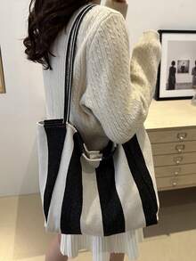 Chic Retro Striped Canvas Tote Bag, Literary Large Capacity Spacious & Versatile, Ideal For Work, School Or Day Out, School Bag, Canvas Bag, Beach Bag