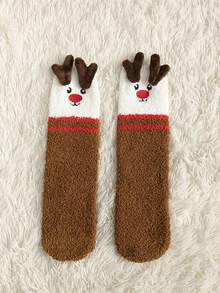 1Pair Women Fuzzy Socks, Cartoon Santa Claus, Elk And Snowman Patterns Mid-Calf Socks Thick Warm Comfortable Christmas Party Gifts Women Socks - Multicolor - View 12