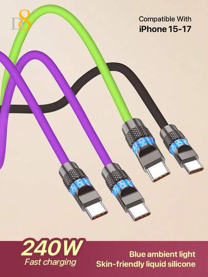 Cable cargador rápido D8 de 240W, Cable tipo C a tipo C, Cable de carga rápida USB C, Cable multicolor, Cable arcoíris, Cable de carga colorido, Cable con luz LED, Cable que brilla en la oscuridad, Cable trenzado de nailon, Cable de carga duradero, Cable de sincronización de datos, Carga rápida PD, Entrega de energía, para teléfono