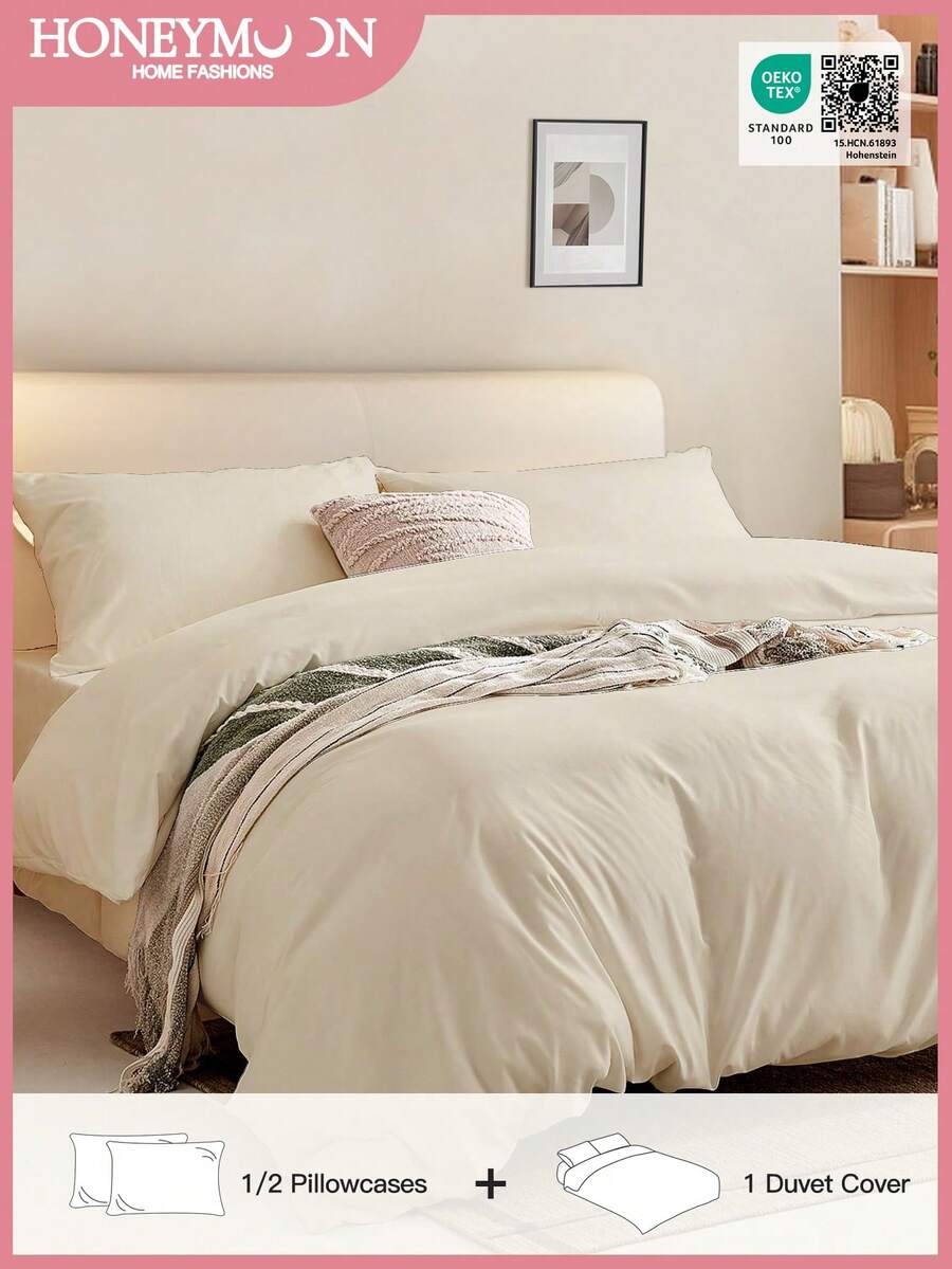 2/3 Piece Solid Color Bedding Set, "Cotton-Like" Ultra Soft, Includes 1 Duvet Cover, 1/2 Pillowcase(S), Perfectly Fits Twin, Full, Queen, King Beds, All Seasons, Oeko-Tex Certified - Beige - View 1