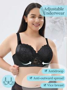 Plus Size Women Black Seamless Lace Gather Bra - Prevents Sagging, Breathable, Versatile, Comfortable For Autumn & Sexy Halloween - Black - View 6