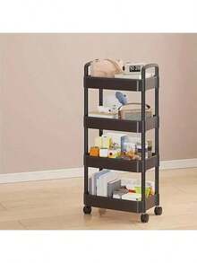 Multi Functional 3/4 Layer Plastic Storage Vehicle With 4 Hooks - Easy To Assemble, Suitable For Snacks, Cosmetics, And Toys - Lightweight Design, Suitable For Bedroom, Living Room, Bathroom Cleaning - Black 4 Layers - View 1