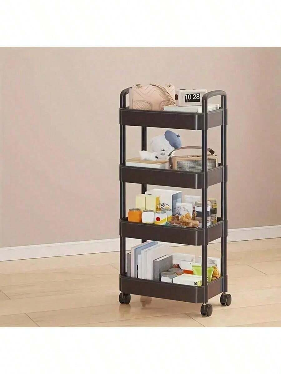 Multi Functional 3/4 Layer Plastic Storage Vehicle With 4 Hooks - Easy To Assemble, Suitable For Snacks, Cosmetics, And Toys - Lightweight Design, Suitable For Bedroom, Living Room, Bathroom Cleaning - Black 4 Layers - View 1