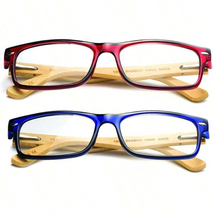 Lens Rectangle Frame Non Prescription Glasses - Fashion - 2 件裝竹子藍紅 - 查看 1